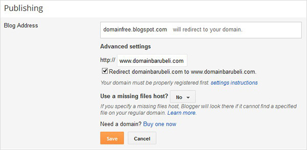 setting redirect custom domain blogspot