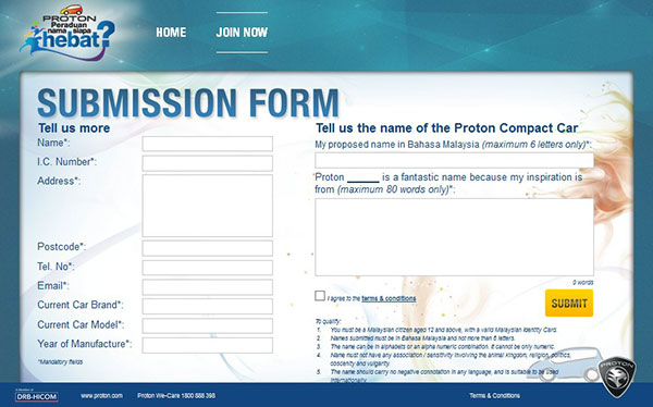 borang penyertaan contest nama kereta proton