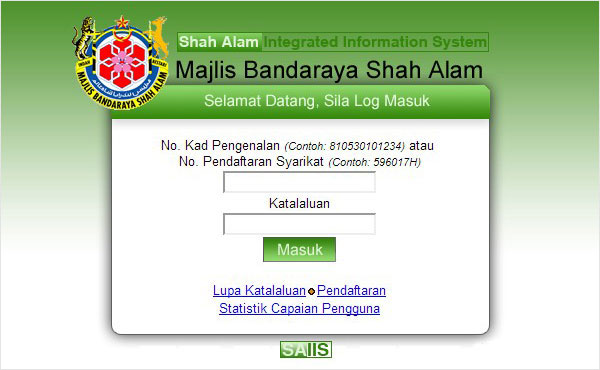 Login iBayaran Majlis Bandaraya Shah Alam