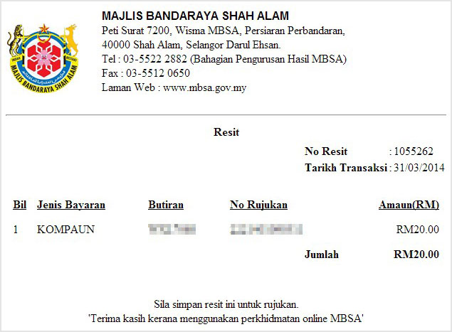 Resit bayar saman parking MBSA