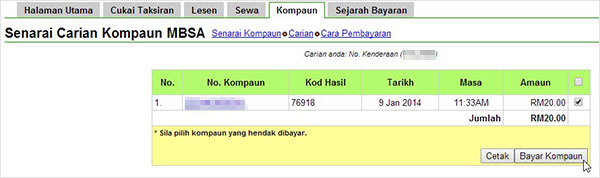 Senarai kompaun Saman MBSA