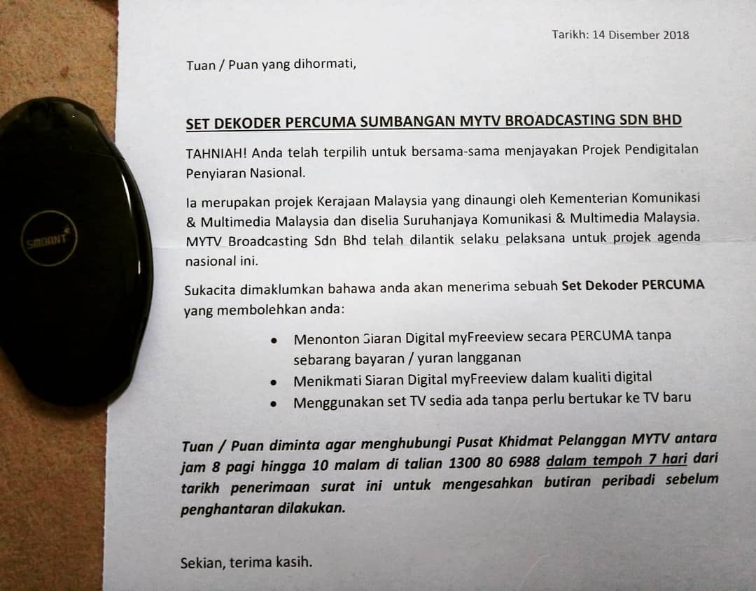 Surat pengesahan dekoder MYTV percuma Surat pengesahan dekoder MYTV percuma