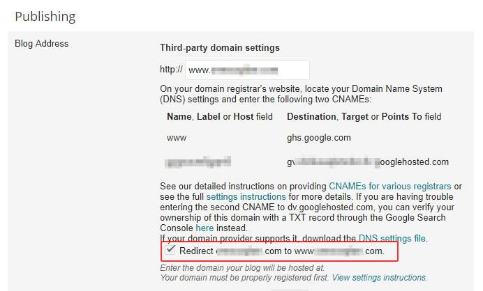 Blogspot custom domain redirect to www
